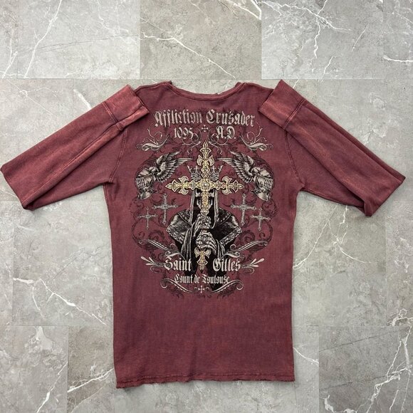 Affliction Graphic Tee Mens Large Thermal Shirt Long Sleeve Waffle Knights Cross - Picture 2 of 8